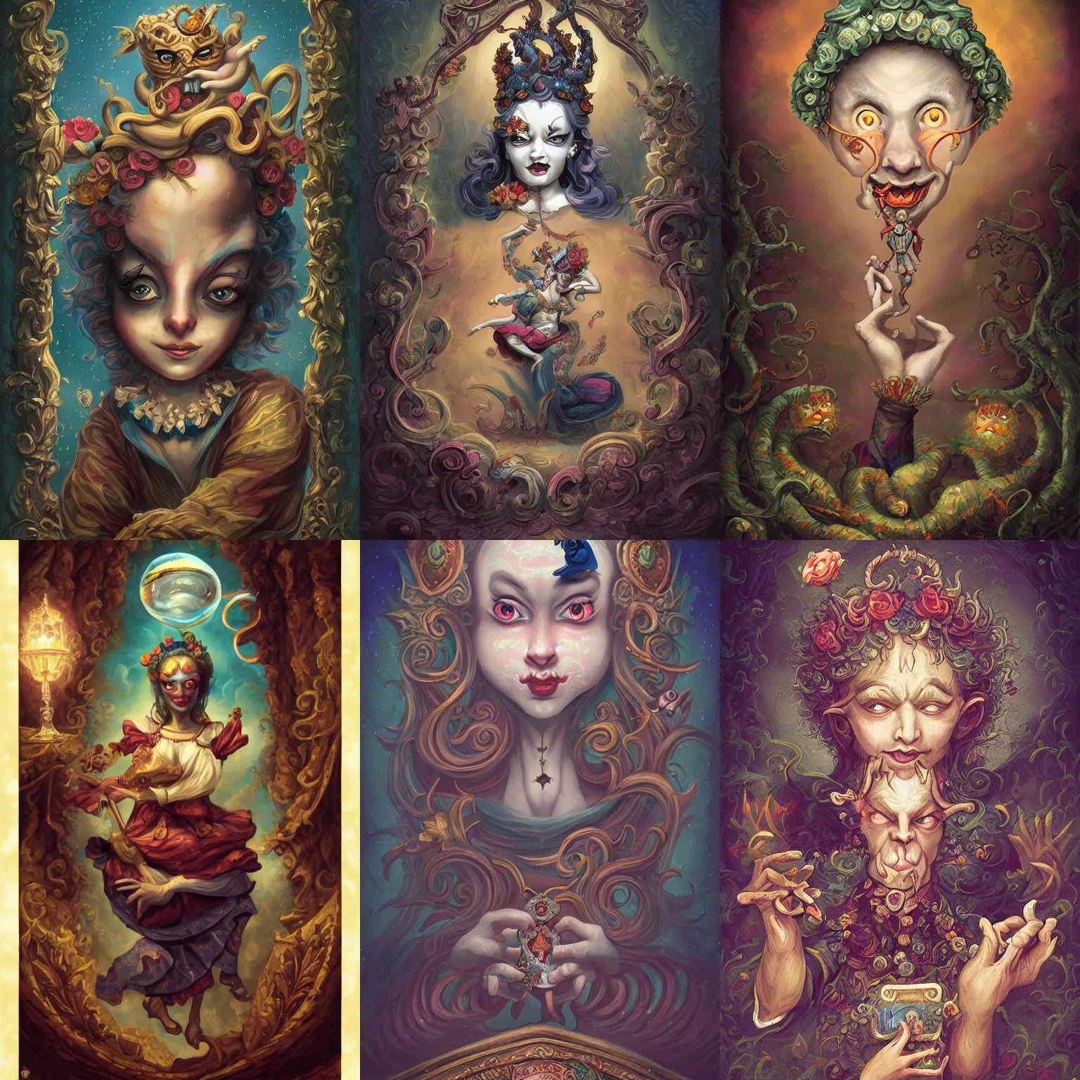 Prompt: Rococo Jester as The Fool tarot card, spiritual, 4k digital illustration by Mark Ryden and Cyril Rolando, Tarot Card, occult, iconography, intricate border designs, Artstation