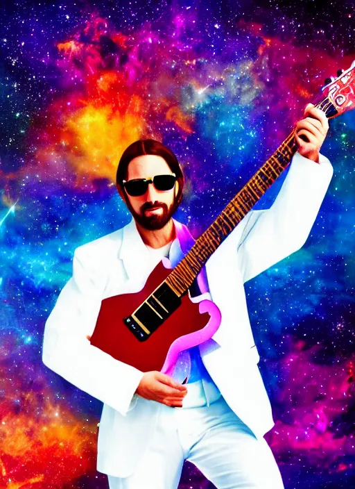 Image similar to Jesus playing guitar wearing shades & white suit, melting colors, nebula, cosmos, space, 4x upscaled, psychedelic, spiritual art, light language coming from the guitar