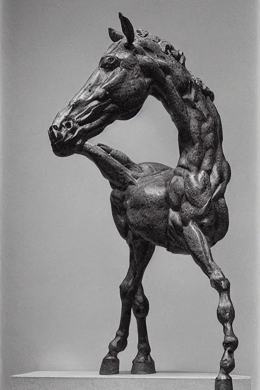 Image similar to a high detailed sculpture of a horse, rearing dramatically made out of raw hamburger, by michelangelo