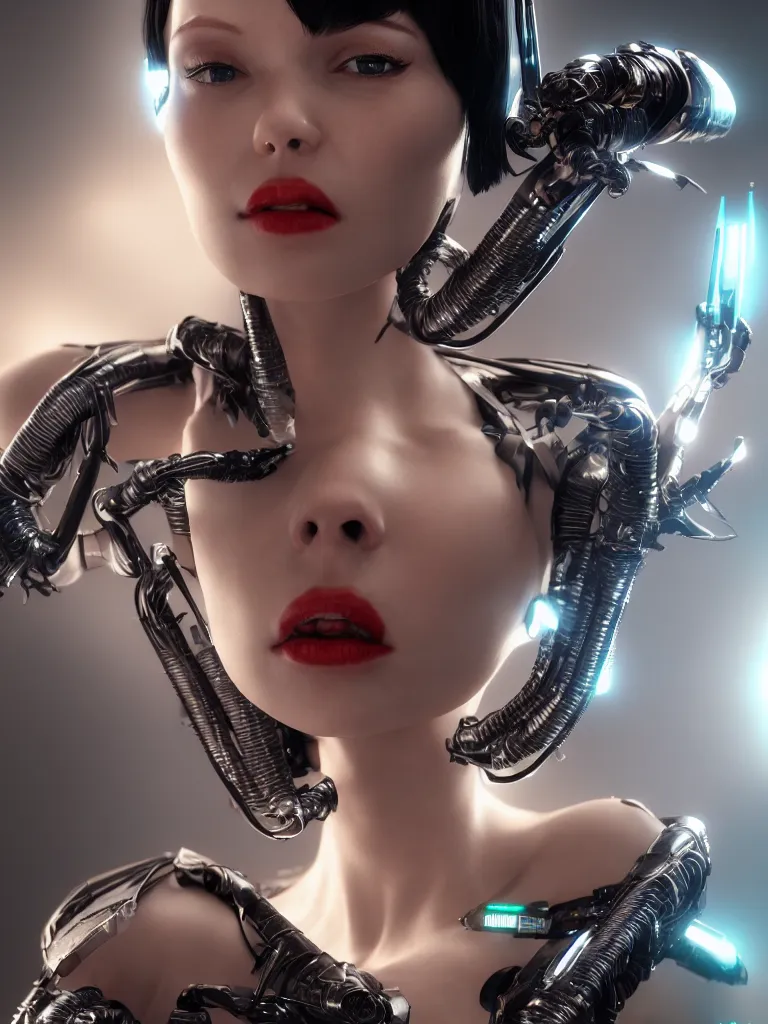 Image similar to cinematic, portrait photography, portrait face, a beautiful betty page cyborg, perfect chromium and porcelain bionic body, ui data displays, hud interface, hajime sorayama, h. r. giger, octane rendered, 4 k, lens flare,