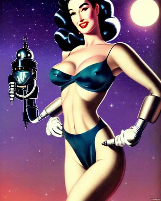 Prompt: closeup beautiful retro space dita von teese megan fox posing with a chrome robot in dieselpunk city at night, pinup, windblown dark hair, seductive, hyper detailed, digital art, smooth, sharp focus, gil elvgren, luis royo, alberto vargas, 1 9 5 0, when mars attacks