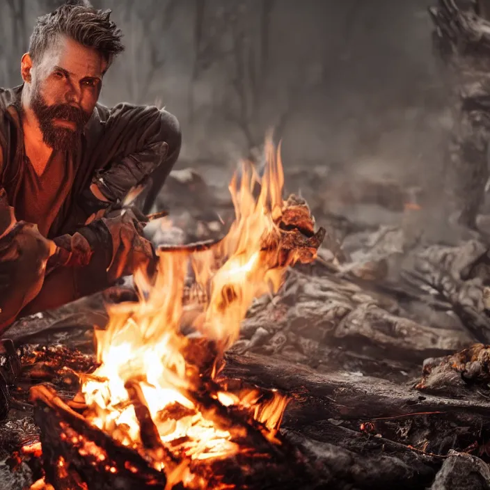 Image similar to gritty apocalyptic man smirking holding gas can next to a campfire, octane render, 4 k ultra hd, hyper - detailed, seedy lighting, sharp focus, fantasy dark art