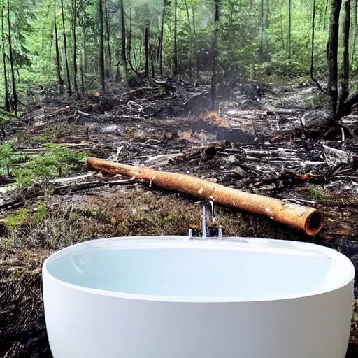 Image similar to pristine porcelain bath filled with bubbles in a clearcut rainforest, slash and burn, cleared forest, deforestation, bubble bath, tree stumps, smouldering charred timber