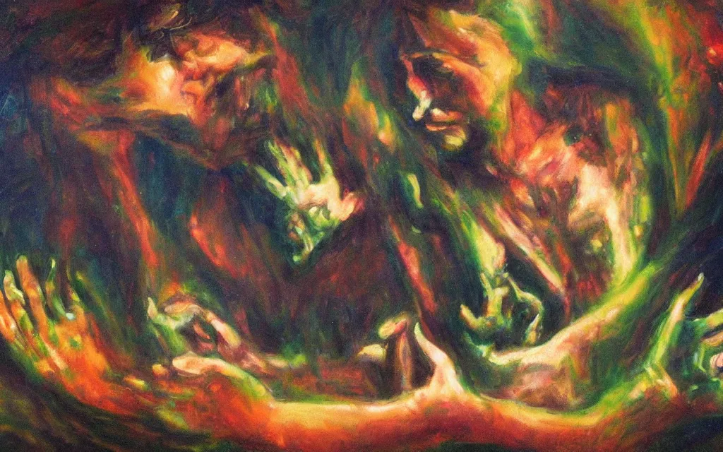 Image similar to movie still from the the hands of orlac, award winning oil painting, chromatic iridescence