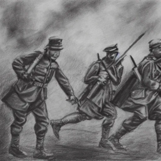 Image similar to charcoal sketch of german WW1 soldiers fighting zombies with flame throwers