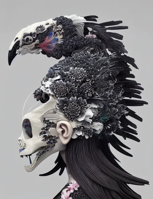 Image similar to 3 d goddess close - up profile portrait biomechanics with ram skull. beautiful intricately detailed japanese crow kitsune mask and clasical japanese kimono. betta fish, jellyfish phoenix, bio luminescent, plasma, ice, water, wind, creature, artwork by tooth wu and wlop and beeple and greg rutkowski