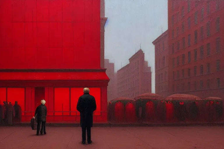 Image similar to only with red, a red old stylish man try to sell a portrait, crowd cheering, in a city square, in the style of beksinski, parts by edward hopper, parts by rodcenko, parts by yue minjun, intricate and epic composition, red by caravaggio, insanely quality, highly detailed, masterpiece, red light, artstation, 4 k