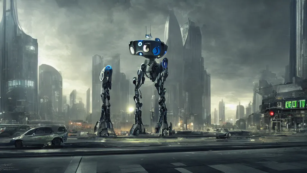 Prompt: Amazing photorealistic digital concept art of a guardian robot in a futurstic city, by James Clyne and Joseph Cross. Cinematic. LED lighting. Wide angle. Clean lines. Balanced composition.