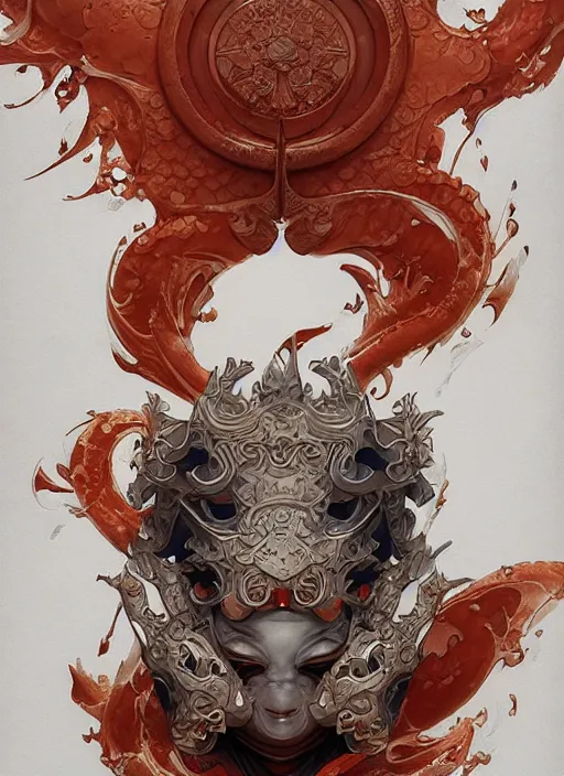 Image similar to subsurface scattering, white, koi, samurai deity with koi armor, art nouveau swirls, cinematic lighting, octane render, by jesper ejsing, james jean, justin gerard, tomasz alen kopera, cgsociety and fenghua zhong, highly detailed, rim light, art, very coherent, cinematic, hyper realism, high detail, 8 k