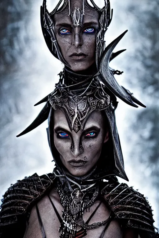 Image similar to head and shoulders portrait of an eldritch knight, drow, dark elf, shadar kai, female, breastplate, magical, high fantasy, d & d, by annie liebovitz, face details, extremely detailed, vogue fashion photo