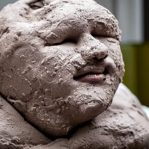 Image similar to a pile of extremely wet and barely moldable clay has been squished into the form of a human face, the artist is squishing his work in his hands, and the clay is looking hilarious like a face being squished