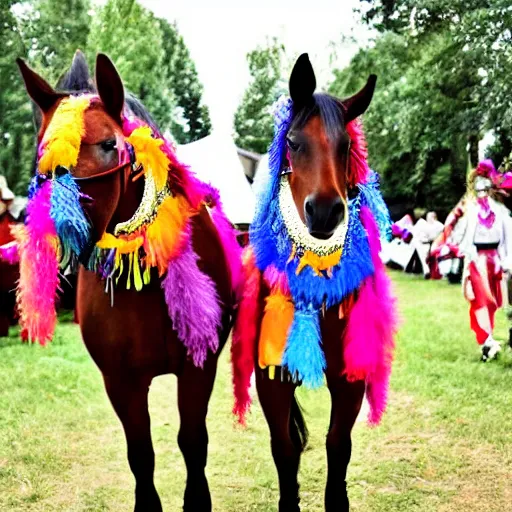 Image similar to horses dressed in festival clothes at a festival