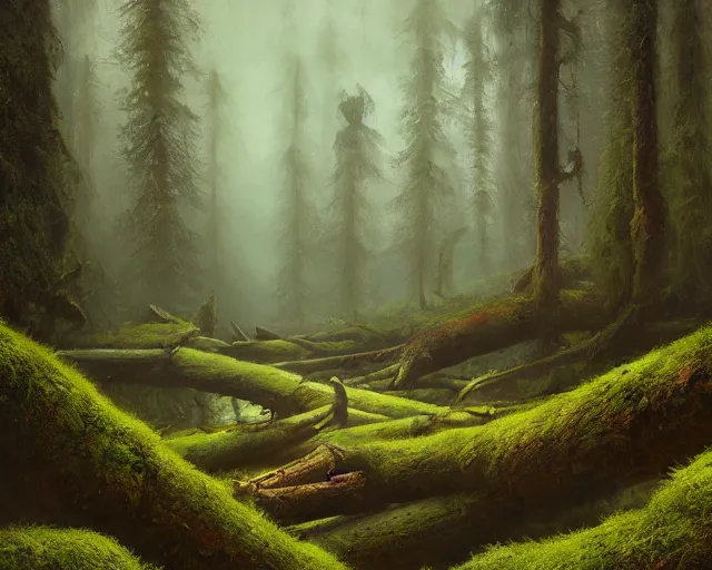 Image similar to Fantasy Oil painting of Hoh National Forest and logs covered in moss, Greg Rutkowski, National Geograpic, Trending on Artstation, Morning Glow