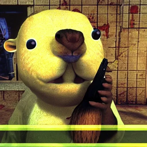 Prompt: capybara with a banana on top of its head. screenshot from max payne game