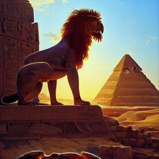 Image similar to a realistic oil painting of a winged lion's body with the head of an eagle and a beak, in an ancient egyptian temple, at purple sunset, highly detailed, trending on artstation, by james gurney and michael whelan and krenz cushart and alphonse mucha