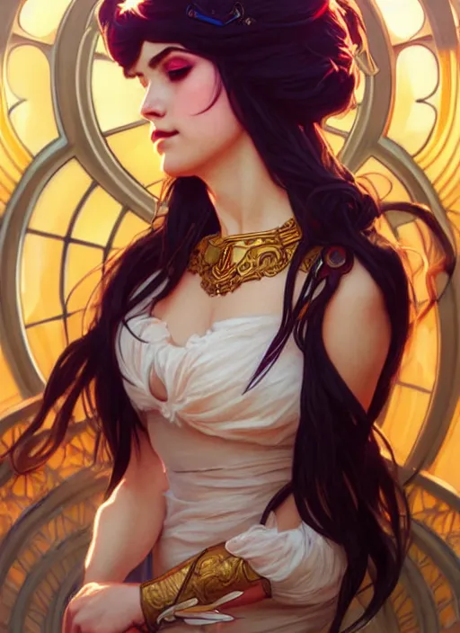 Image similar to rolyat as queen, incredibly detailed face, pretty face, light dress, true anatomy, art by artgerm and greg rutkowski and alphonse mucha