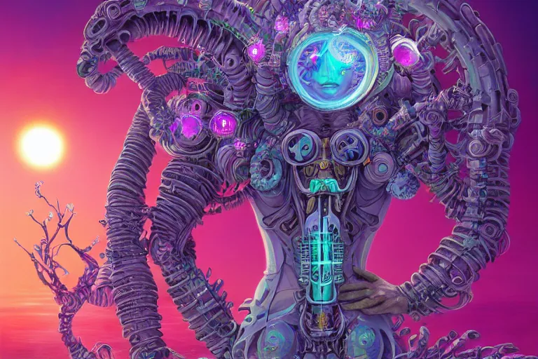 Image similar to a vaporwave biomechanical druid of creativity, beautiful character fashion design, by josan gonzalez and paul lehr and david heskin and seb mckinnon and jared s. merantz and alex grey, hi - fructose, 8 k, digital matte painting