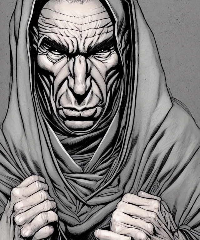 Image similar to a ( fantasy comic ) ( cover art ) portrait of a hooded monk who looks like ( pete postlethwaite ), digital illustration by jenny frison and sana takeda and kentaro miura, fine inking lines, vivid colors, dnd, highly detailed!, hd, 4 k, trending on artstation