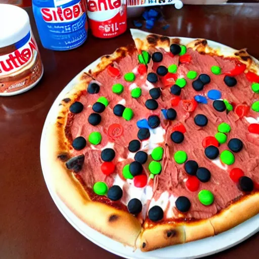 Image similar to pizza with nutella, skittles, gummi bears, and candy toppings, whipped cream