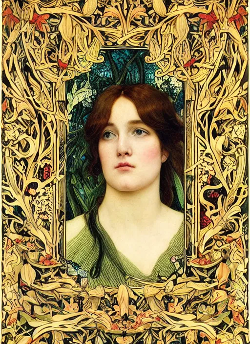 Image similar to masterpiece beautiful seductive flowing curves preraphaelite face portrait photography, extreme close up shot, straight bangs, thick set features, yellow ochre ornate medieval dress, laying amongst foliage mushroom forest circle arch, william morris and kilian eng and mucha, framed, 4 k