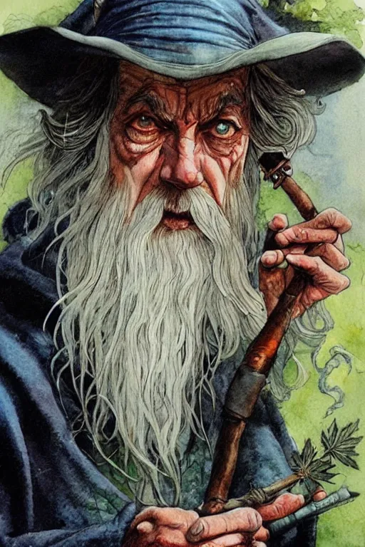 Prompt: a realistic and atmospheric watercolour fantasy character concept art portrait of ( ( ( gandalf ) ) ) with bloodshot eyes smoking a pipe looking at the camera with a pot leaf nearby by rebecca guay, michael kaluta!!!!!!, charles vess and jean moebius giraud!!!!!