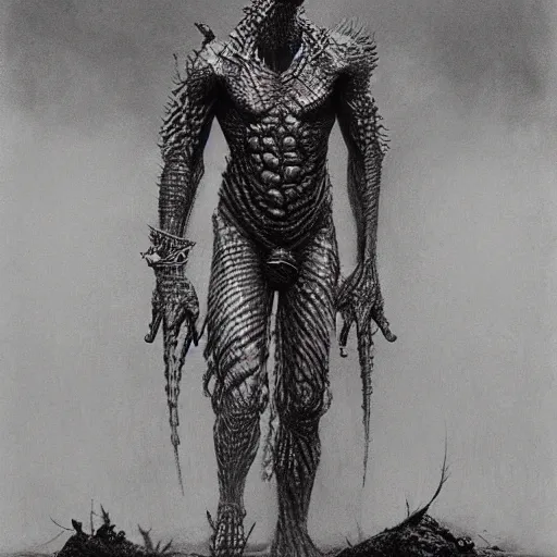 Prompt: lizardman warrior concept, tribal, beksinski