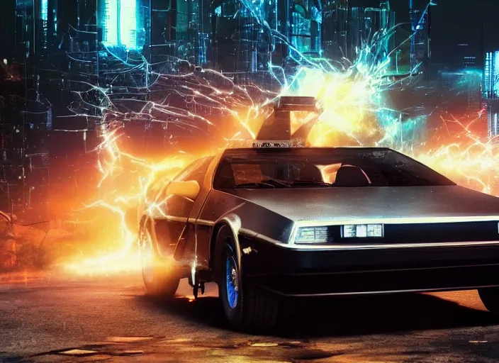 Image similar to a cyberpunk delorean breaking the space - time continuum, energy and time particles, dramatic framing, movie footage, 8 k