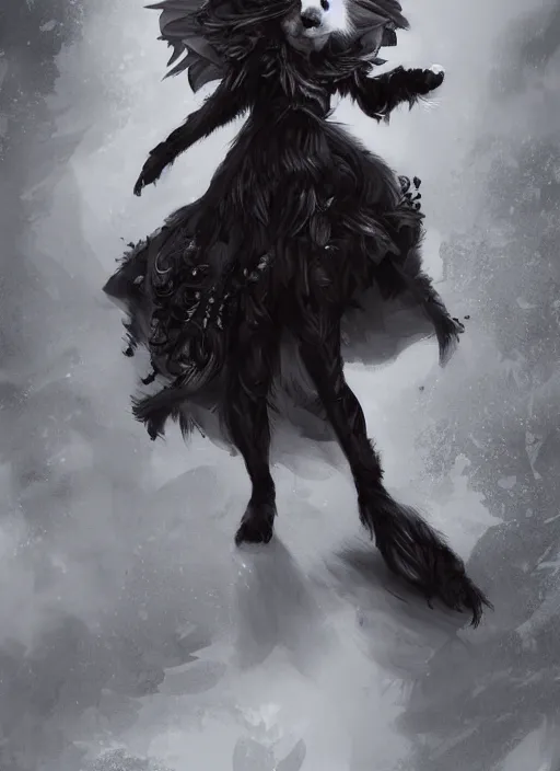 Image similar to wide angle beautiful full body portrait of a strong male anthropomorphic anthro border collie fursona wearing an ornate black dress and standing in a courtyard, character design by charlie bowater, henry asencio, and ross tran, furry art, furaffinity, beautiful, glamor pose, detailed, aesthetic, trending on artstation