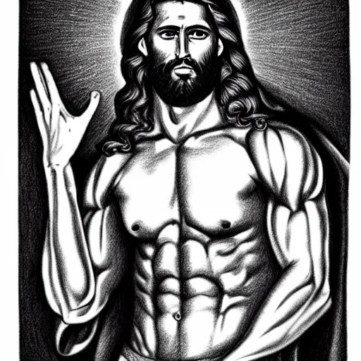 Prompt: gigachad benediction, gigachad jesus, muscles, pointing to heaven, pencil art, holy iconography