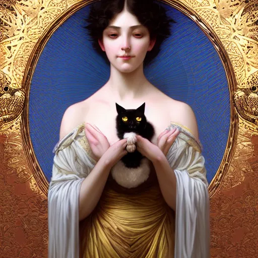 Image similar to portrait of evil cat goddess, intricate, elegant, highly detailed, digital painting, artstation, concept art, smooth, sharp focus, illustration, art by artgerm and greg rutkowski and alphonse mucha and william - adolphe bouguereau