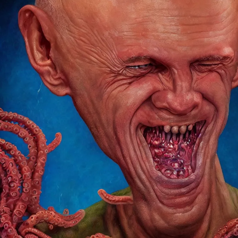 Prompt: Hyperrealistic intensely colored close up studio Photograph portrait of deep sea bioluminescent Senator Rick Scott, symmetrical face realistic proportions eye contact tentacles, Laughing maniacally in a coral reef underwater, award-winning portrait oil painting by Norman Rockwell and Zdzisław Beksiński vivid colors high contrast hyperrealism 8k