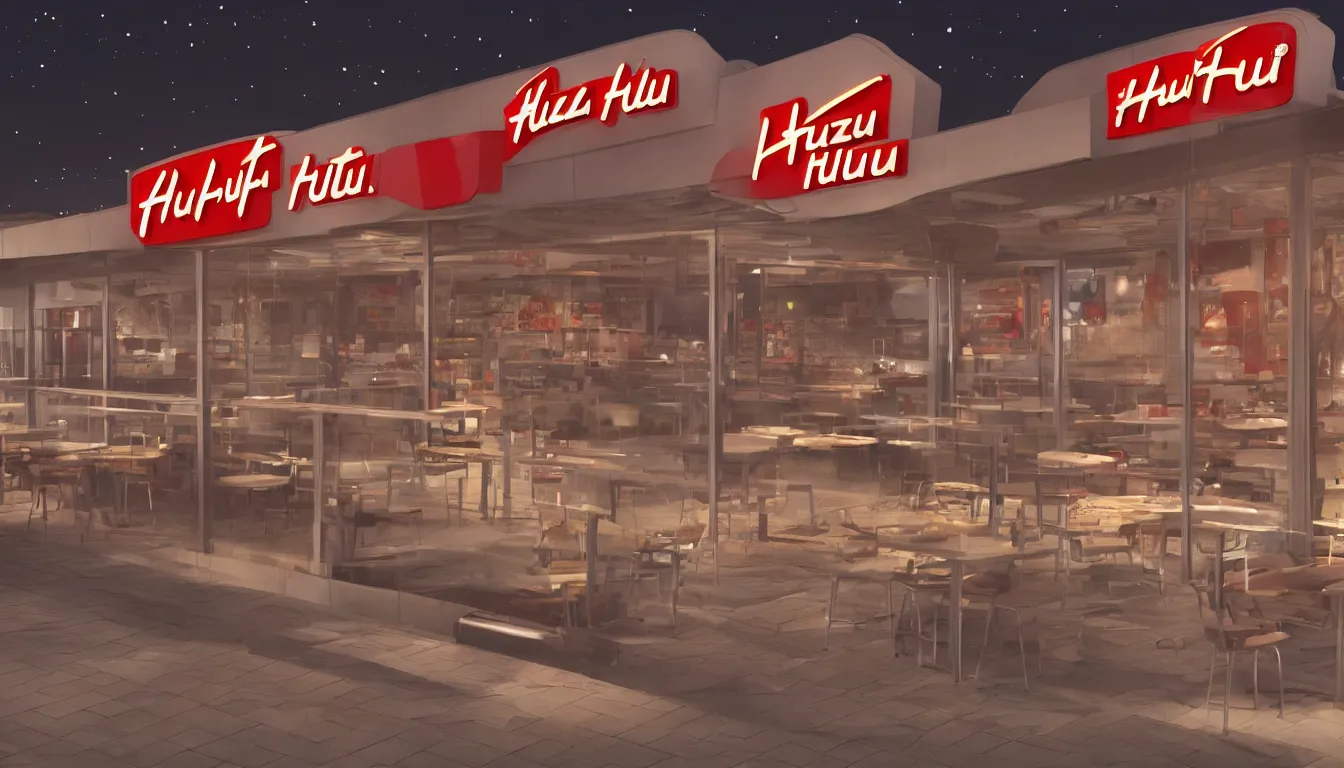 Prompt: futuristic Pizza Hut at night, photorealistic, cinematic