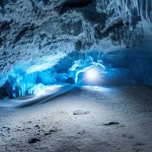 Image similar to deep dark glacier cave, faint blue glow,