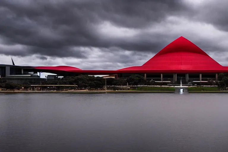 Prompt: award winning photo of the australian parliament house architecturally designed with strong sinister and occult masonic design, heavy red storm clouds