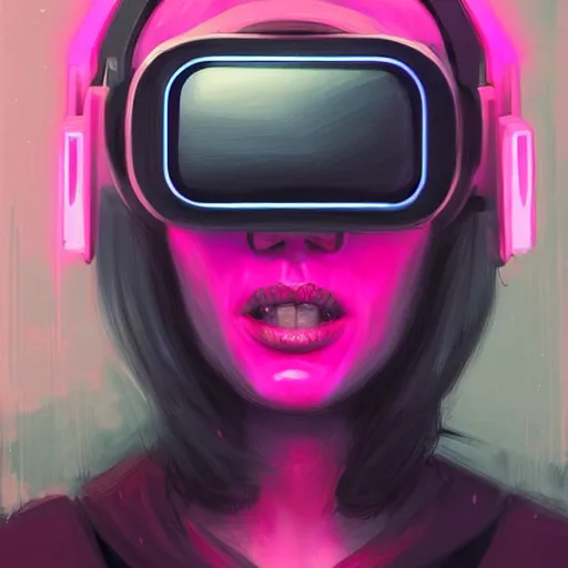 Image similar to Portrait of a woman by Greg Rutkowski, symmetrical face, a girl withj neon pink bob hair using a VR Headset, Kubric Stare, crooked smile, she's wearing an oversized hoodie, highly detailed portrait, scifi, digital painting, artstation, book cover, cyberpunk, concept art, smooth, sharp foccus ilustration, Artstation HQ