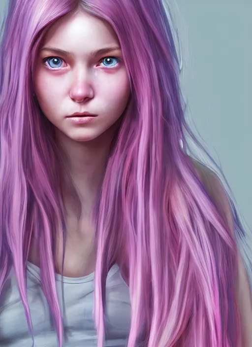 Prompt: highly detailed impressive concept art for the main character in the award winning film named life is better in pink. the character is a unnaturally beautiful teenage girl with deep dark blue eyes and long curled pink dyed hair, wearing light pink clothes. realistic cg render, anatomically correct, high key lighting, trending on art station, vibrant colors.