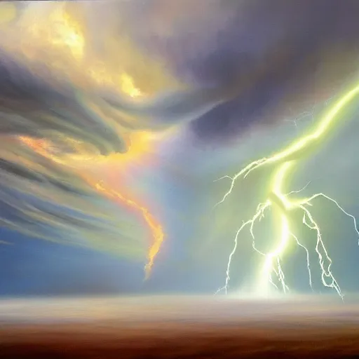 Prompt: a tornado shaped cloud, oil painting, award winning, dramatic lightning, UHD, 4k