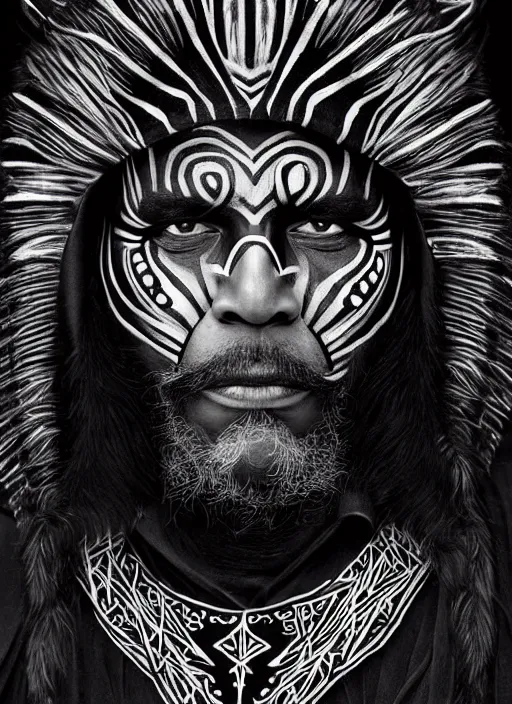 Image similar to photo of a gorgeous magic old shaman with a black panther, face painting, face in the style of stefan kostic, wild, thunders, fire, magic war, majestic, realistic, sharp focus, 8k high definition, insanely detailed, intricate, elegant, art by stanley lau and artgerm