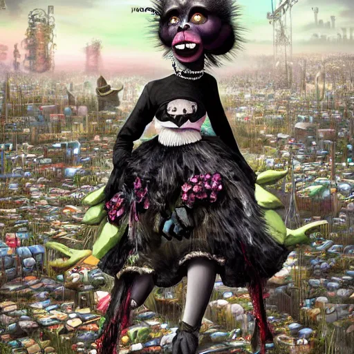 Image similar to Monkey in a Victorian era cyber punk dress dancing in a landfill with a vampire racoon and a goth fairy frog, hyper realistic, cgsociety,