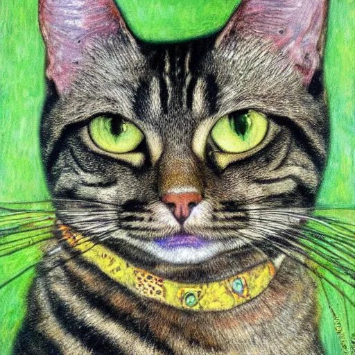 Image similar to portrait of a dark tabby cat with green eyes, intricate, elegant, highly detailed, smooth, sharp focus, illustration, art by gustav klimt