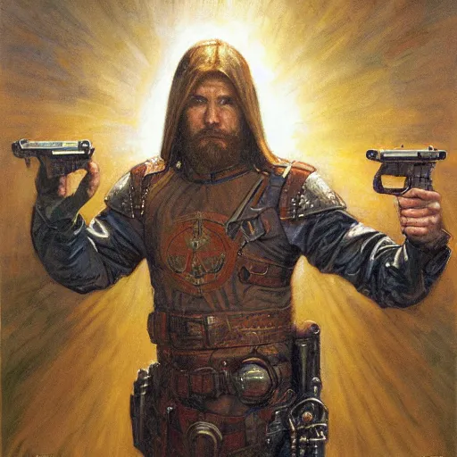 Image similar to templar holding a handgun sideways, by donato giancola.