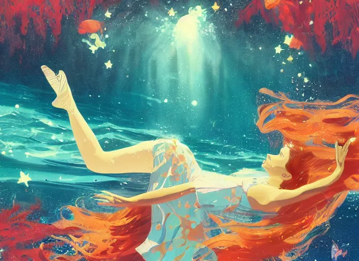 Prompt: a dancer floating underwater, with flowing hair, wearing a flowing sundress, swimming through a colorful starry galaxy, fantasy, cinematic, fine details by realistic shaded lighting poster by ilya kuvshinov katsuhiro otomo, magali villeneuve, artgerm, jeremy lipkin and michael garmash and rob rey