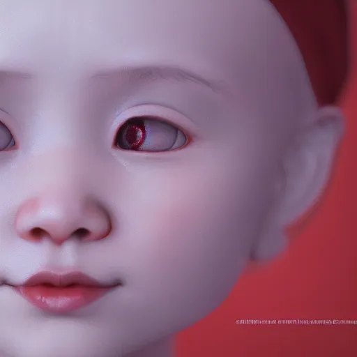 Image similar to 1900s beautiful albino Asian girl kid , unreal engine octane, red and white, portrait, gliter, depth of field, 8k, hyper detailed, tending on artstation