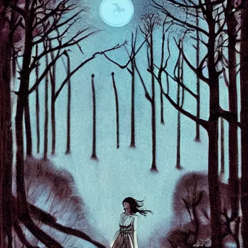 Prompt: girl with blue eyes. walking in the forest at night. full moon. folk horror. hyper detailed. soviet propaganda. socialist realism. beautiful and eerie