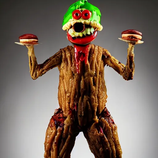 Image similar to a humanoid bipedal upright zombie that strongly resembles a hamburger, professional food photography