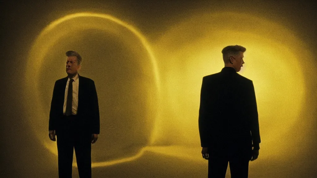 Image similar to movie scene of a man standing in front of a multiverse machine, movie still, cinematic composition, cinematic light, pastel color scheme, yellow color scheme, by David Lynch