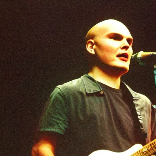 Prompt: 2 1 yo billy corgan 1 9 9 6 rock tour photograph, rollingstone magazine