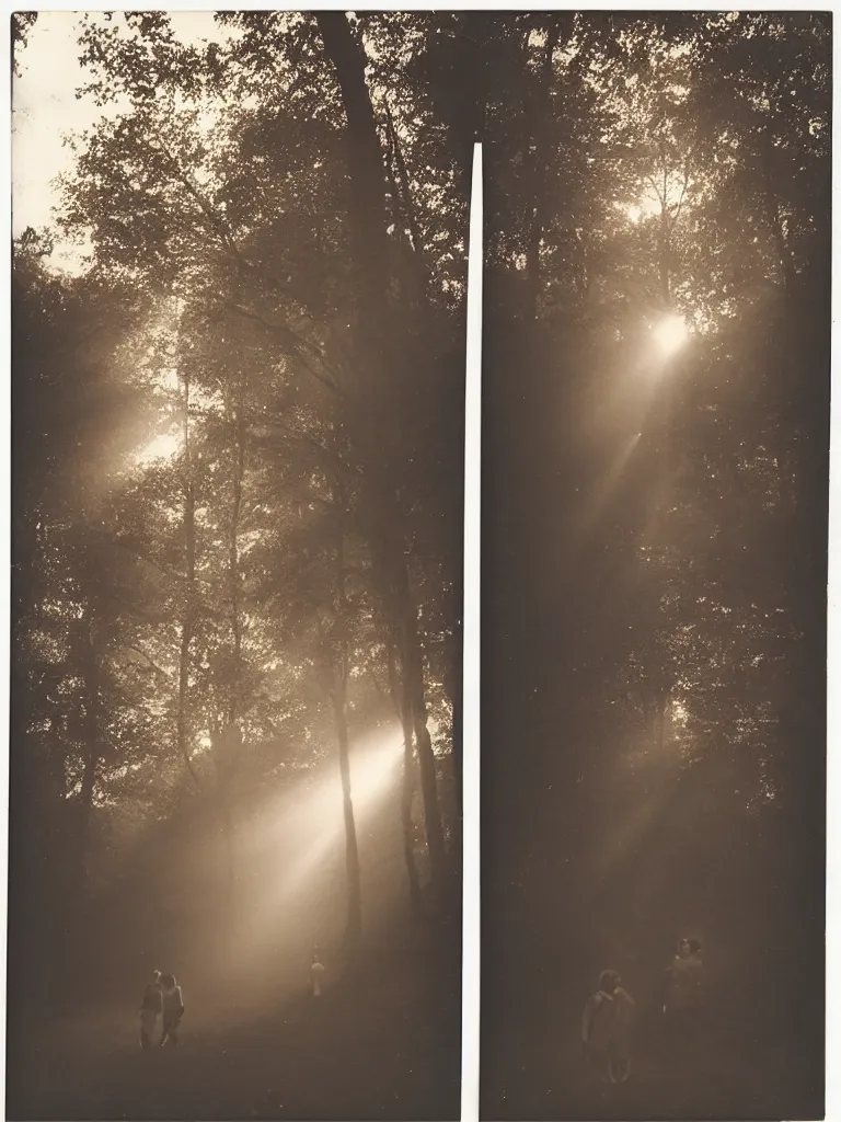 Prompt: a boy and a girl side by side, posing for a picture, a ray of light between their faces, god rays through fog, nostalgic, night, some trees in the background, dramatic reddish light, atmospheric, 1 9 7 0 s polaroid