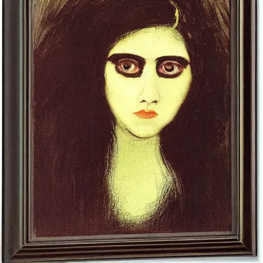 Image similar to gothic woman with big dark eyes, thick eyebrows and long hair by Odilon Redon