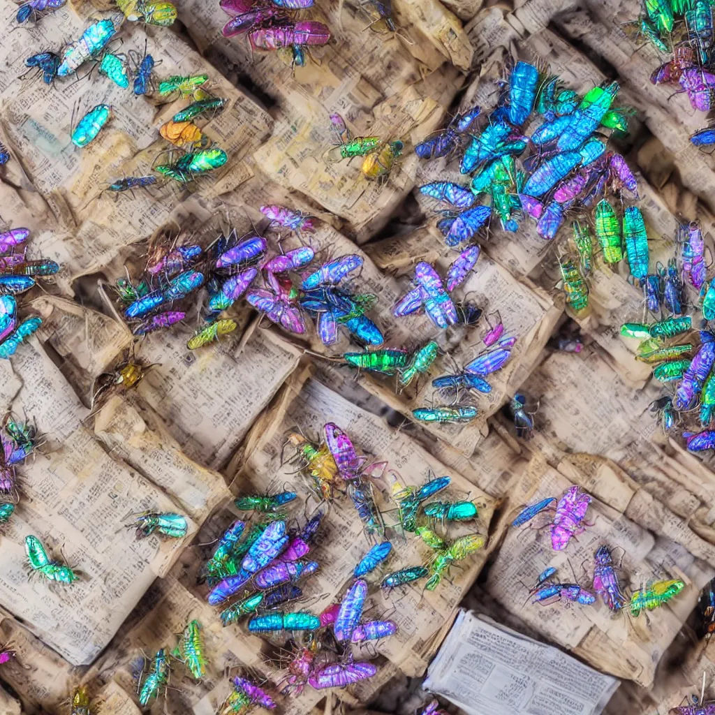 Image similar to a small collection of iridescent insects, inside boxes with newspaper. top down photo, close macro photo. studio photo, 8k